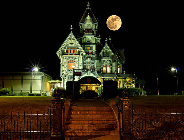 Moon Art Print featuring the photograph Super Moon over Carson Mansion by Greg Nyquist