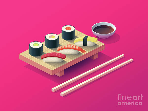 Sushi Art Print featuring the digital art Sushi Set Isometric - Magenta by Organic Synthesis