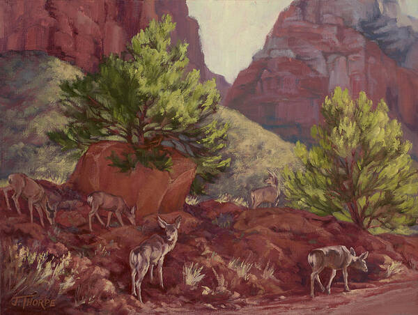 Red Art Print featuring the painting Switchback Stop For Wildlife by Jane Thorpe