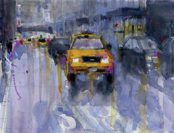 Cityscape Art Print featuring the painting Taxi Cab - Rainy day - Cityscape by Dorrie Rifkin