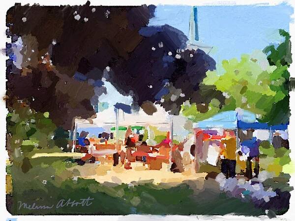  Art Print featuring the painting Tents and Church Steeple at Rockport Farmers Market by Melissa Abbott