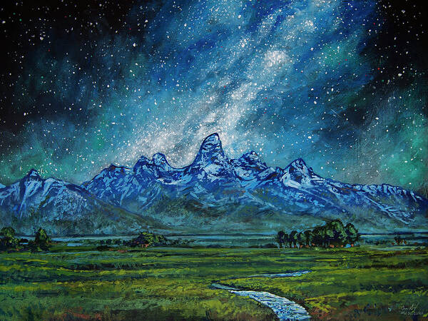 Grand Teton Art Print featuring the painting Teton Milky Way by Aaron Spong