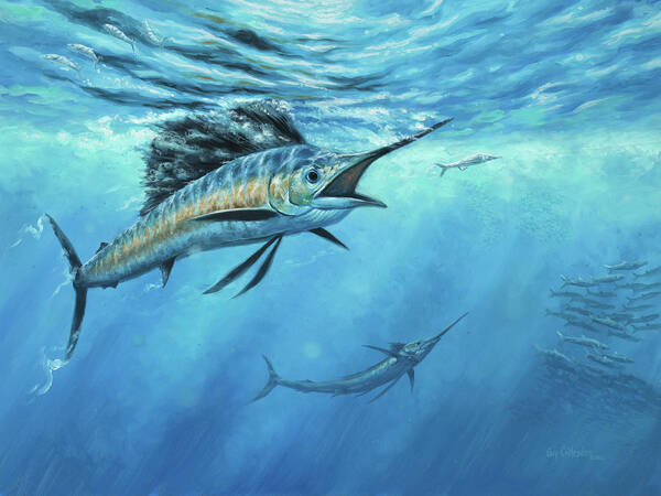 Sailfish Paintings Art Print featuring the painting The Bite by Guy Crittenden