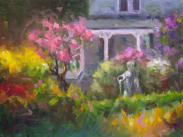 Lilac Art Print featuring the painting The Guardian - plein air lilac garden by Talya Johnson