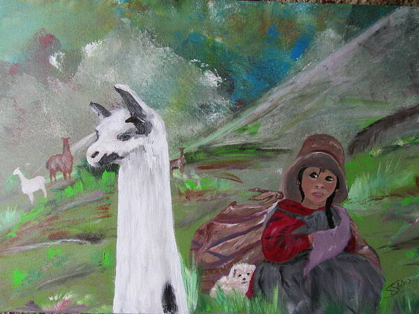 Llamas Art Print featuring the painting The Guardians by Susan Voidets
