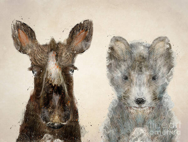 Wolfs Art Print featuring the painting The Little Wolf And Moose by Bri Buckley