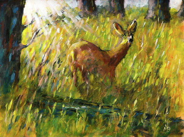Deer Art Print featuring the painting The Morning Walk by Mike Bergen