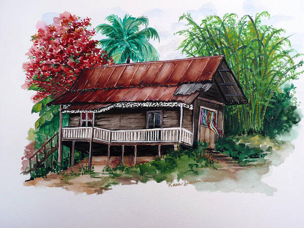  Tropical Painting Poincianna Painting Caribbean Painting Old House Painting Cocoa House Painting Trinidad And Tobago Painting  Tropical Painting Flamboyant Painting Poinciana Red Greeting Card Painting Art Print featuring the painting The Old Cocoa House by Karin Dawn Kelshall- Best