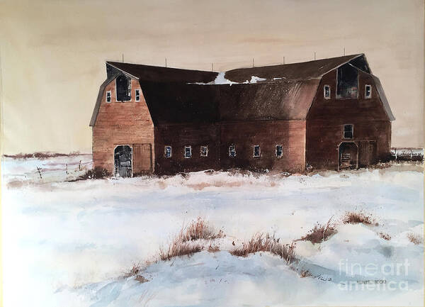 A Large Barn Sets In The Snow Covered Fields Of North Dakota. Art Print featuring the painting The Red Barn by Monte Toon