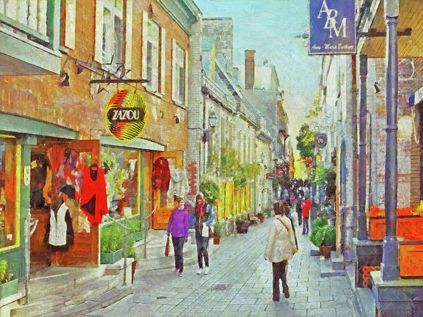 Quebec City Art Print featuring the digital art The Rue du Petit Champlain in Quebec City by Digital Photographic Arts