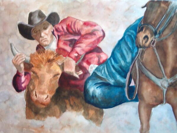 He's Got The Bull By The Horns. Western Art Print featuring the painting The Steer Wrestler by Charme Curtin