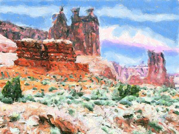  Archres National Monument Moab Utah Water Color Like Print Impressionistic Southwestern Art Southwester Themes Pastel Colors Rugged And Soft Desert Scenery Rock Shapes That Look Like Actual Things And People Art Print featuring the digital art The Three Sisters by Annie Gibbons