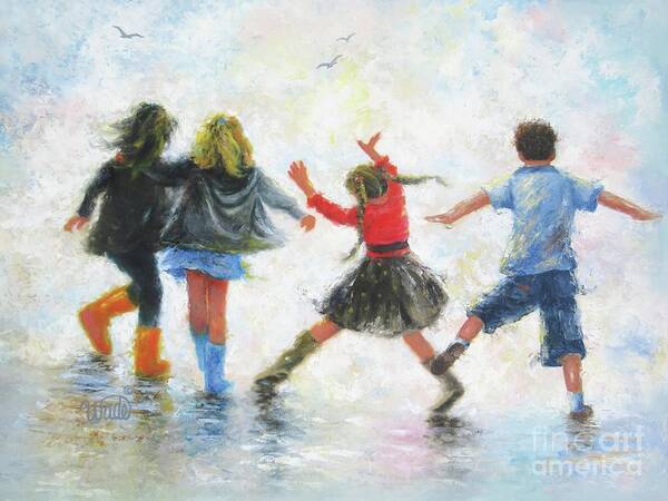 Three Girls And Boy Art Print featuring the painting Three Girls and Boy by Vickie Wade