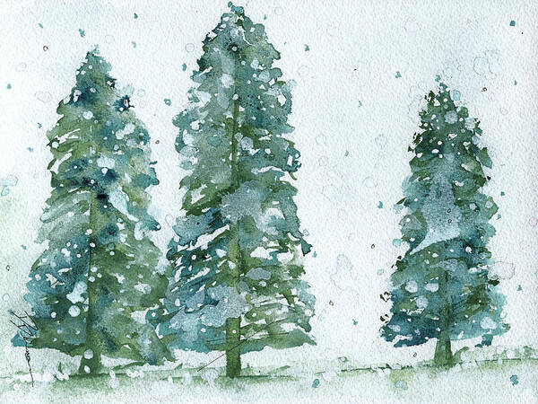 Snowy Trees Art Print featuring the painting Three Snowy Spruce Trees by Dawn Derman