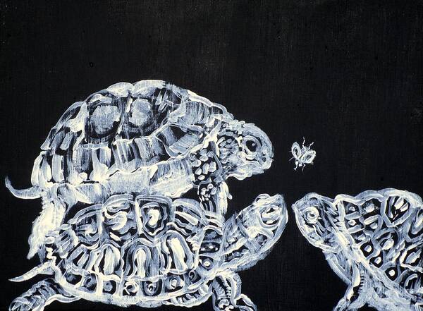 Turtle Art Print featuring the painting Three Terrapins And One Fly by Fabrizio Cassetta