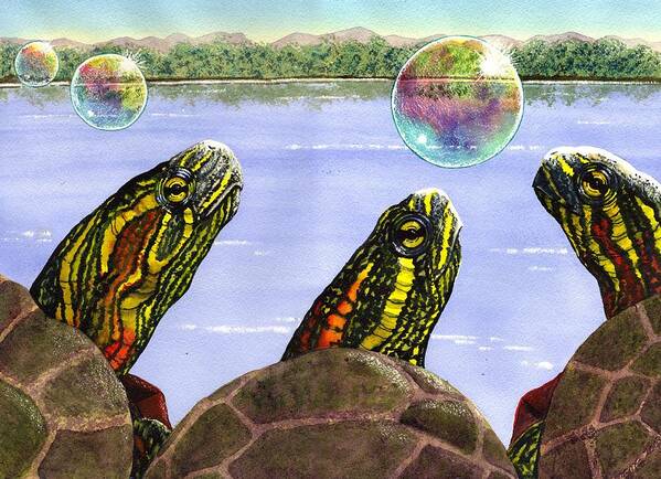 Turtle Art Print featuring the painting Three Turtles Three Bubbles by Catherine G McElroy