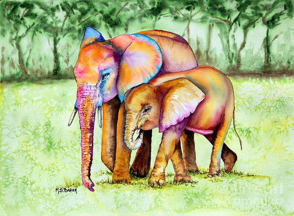 Elephants Art Print featuring the painting Together Forever by Maria Barry