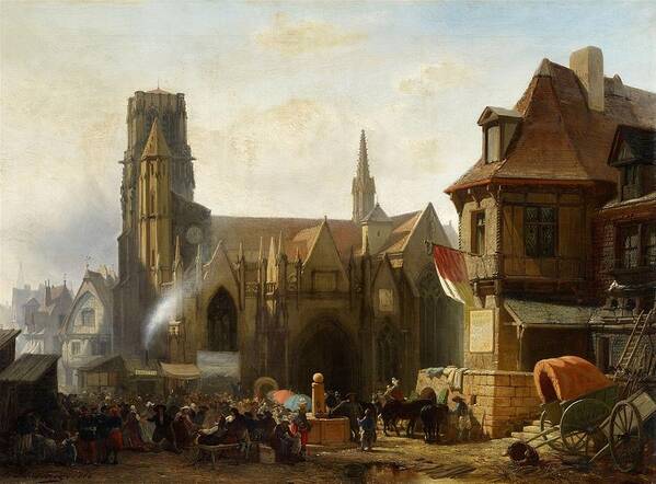 Albert Schwendy Art Print featuring the painting Town Fair by a Gothic Church in France by MotionAge Designs