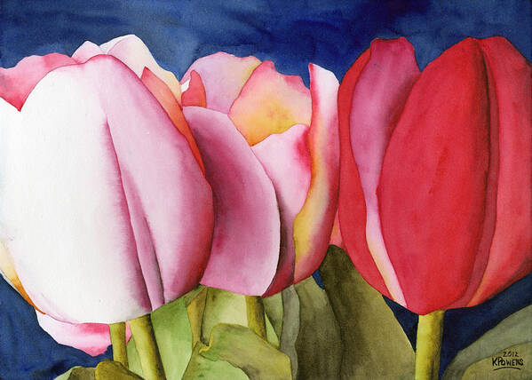 Watercolor Art Print featuring the painting Triple Tulips by Ken Powers