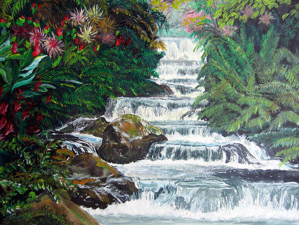 Tropical Art Print featuring the painting Tropical Waterfall by Sarah Hornsby