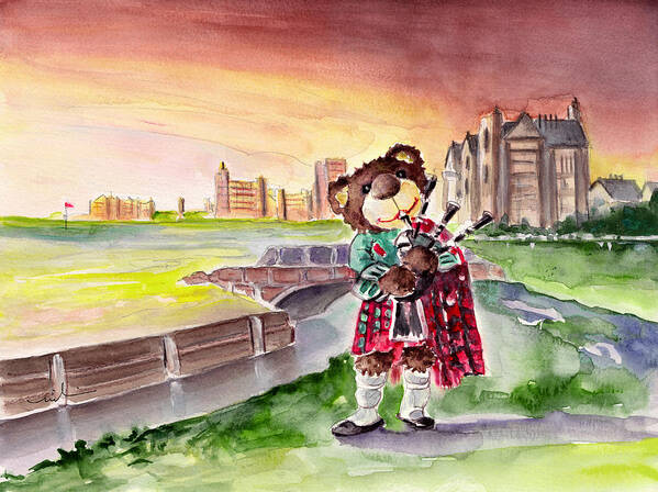 Animals Art Print featuring the painting Truffle McFurry Playing The Bagpipes At St Andrews by Miki De Goodaboom