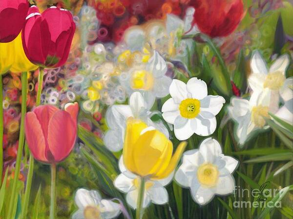 Tulips Art Print featuring the painting Tulips and Daffodils by Nicole Shaw