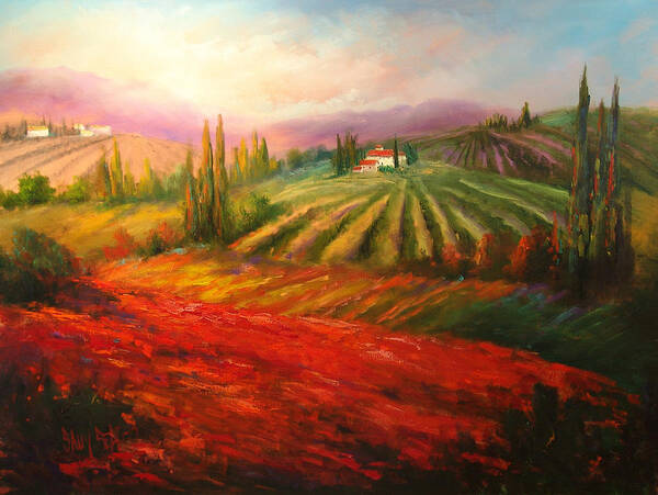 Vineyards Art Print featuring the painting Tuscan Poppies by Sally Seago