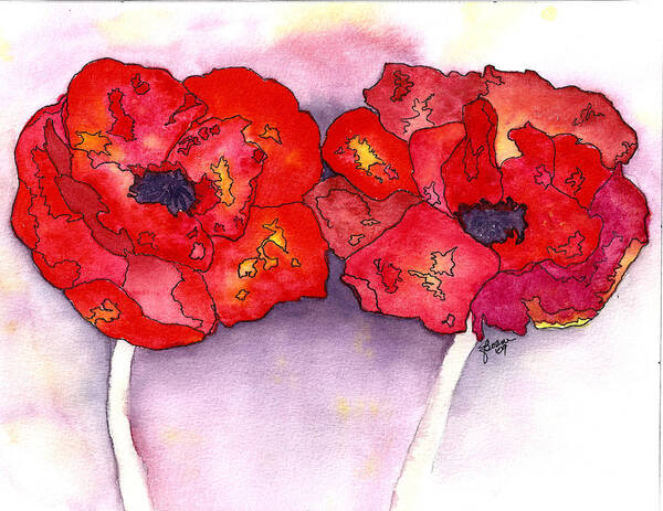 Red Art Print featuring the painting Twin Poppies with Ink by Elise Boam