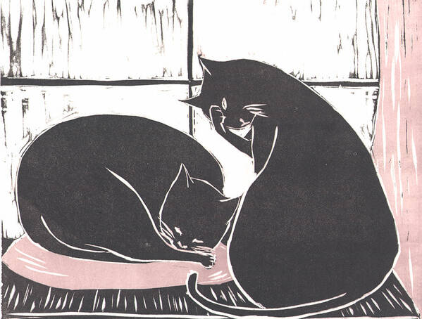 Linoleum Cut Of 2 Sleepy Cats Art Print featuring the relief Two Cats by Mui-Joo Wee