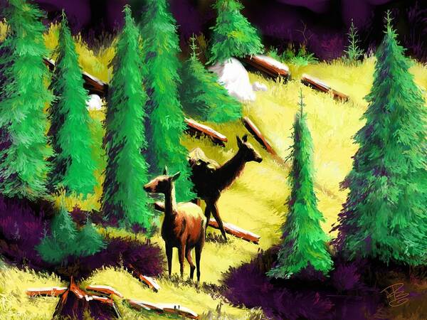 Animals Art Print featuring the digital art Two elk in the sunlight by Debra Baldwin