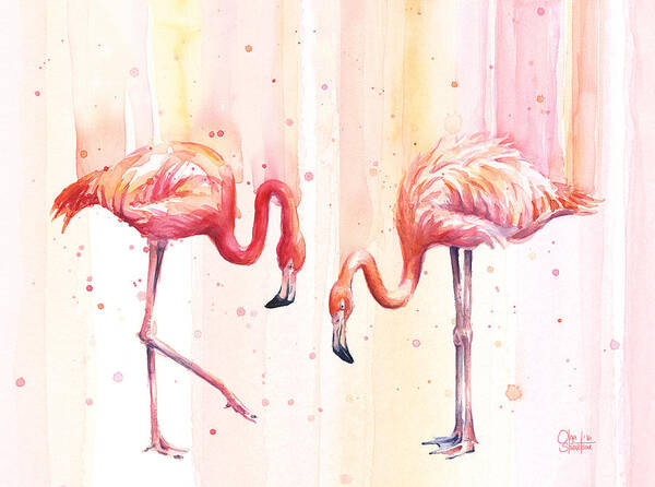 Flamingo Art Print featuring the painting Two Flamingos Watercolor by Olga Shvartsur