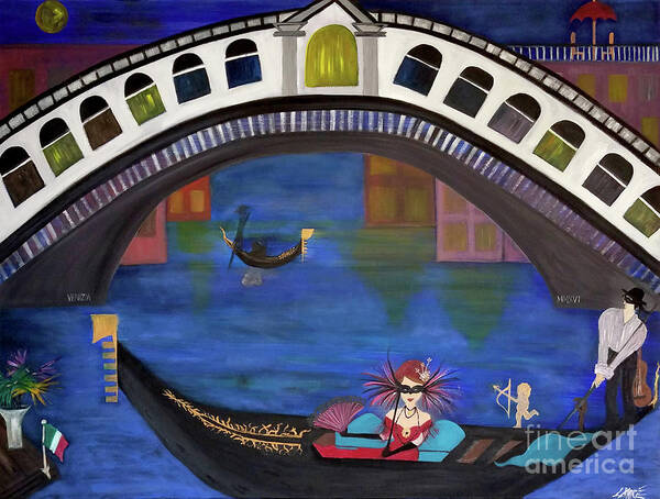 Gondola Art Print featuring the painting Venice Gondola By Night by Artist Linda Marie