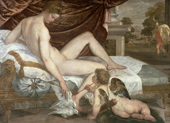 Venus Art Print featuring the painting Venus and Cupid by Lambert Sustris