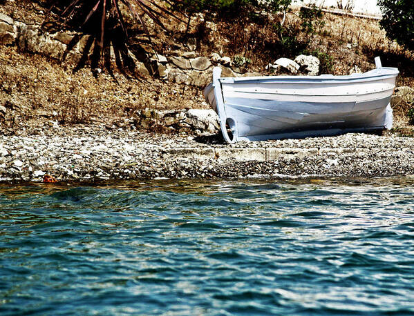 Boat Art Print featuring the photograph Vintage grey boat so close so far by Pedro Cardona Llambias