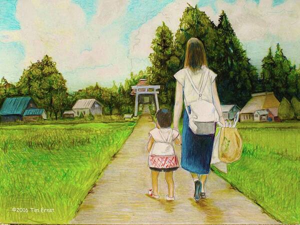 Japan Art Print featuring the drawing Walking to the shrine by Tim Ernst