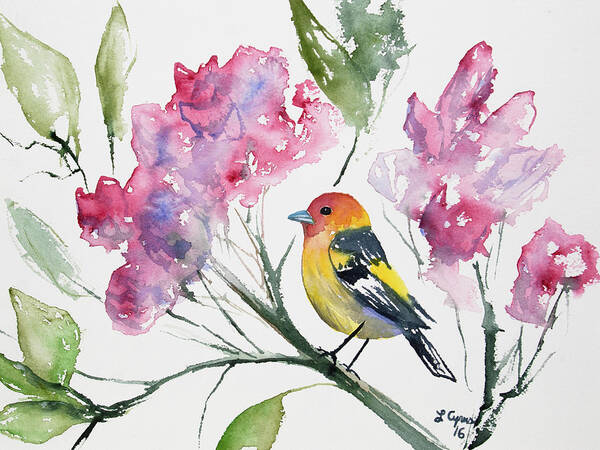 Western Tanager Art Print featuring the painting Watercolor - Western Tanager in a Flowering Tree by Cascade Colors