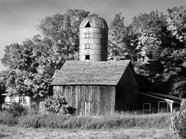 Silo Art Print featuring the photograph Weathered Barn and Silo B W by David T Wilkinson