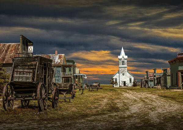 Town Art Print featuring the photograph Western Prairie 1880 Town in South Dakota at Sunset by Randall Nyhof