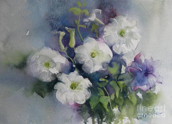 Petunias Art Print featuring the painting White petunias by Elena Oleniuc