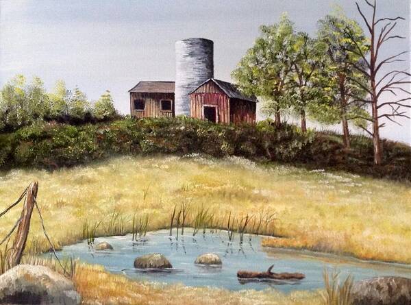 A Set Of Barns Sitting On A Hill With A Concrete Silo. There Are Several Trees Near The Barns And Large Bushes In Front Of The Barns. There Is An Open Meadow And A Small Pond With Rocks And An Old Fence Post In The Foreground. Art Print featuring the photograph Windy Meadows by Martin Schmidt