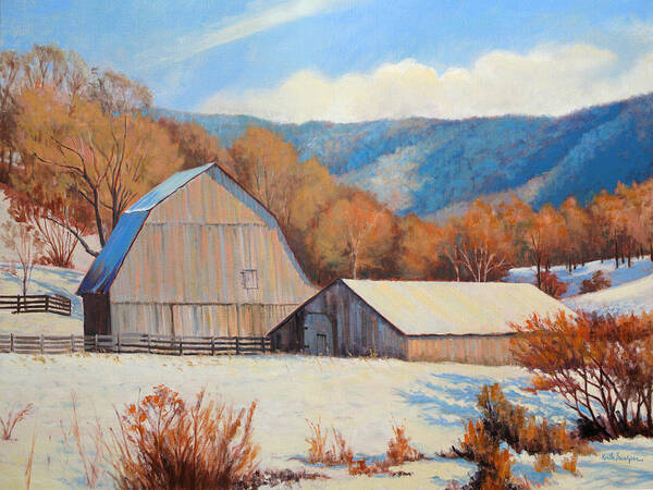Impressionism Art Print featuring the painting Winter Barns by Keith Burgess