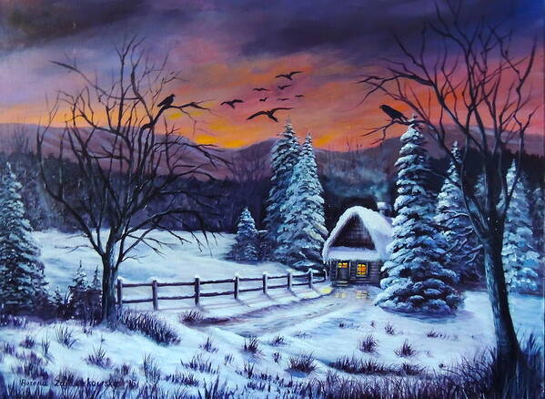 Winter Art Print featuring the painting Winter Evening 2 by Bozena Zajaczkowska