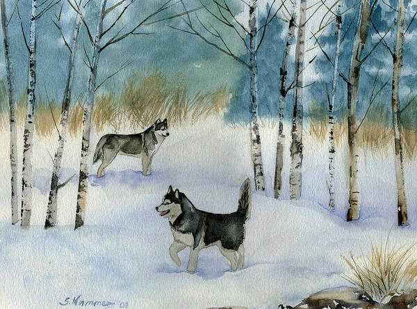 Siberian Husky Art Print featuring the painting Winter Frolic by Sharon Nummer