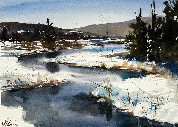 This Is One Of My Favorite Spots In Old Forge Ny. It's The View From Green Bridge Of The Moose River. I've Painted It In Every Season. This Is Actually April Art Print featuring the painting Winter Moose by Judith Levins