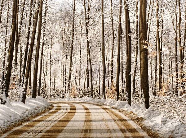 Road Art Print featuring the painting Winter Road through the Forest by Conrad Mieschke
