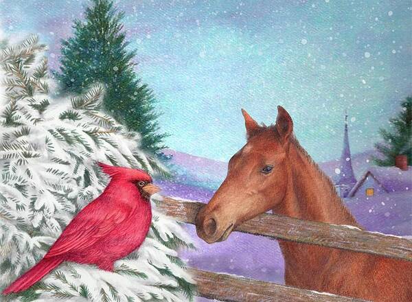 Snowy Landscape Art Print featuring the painting Winterscape with horse and cardinal by Judith Cheng