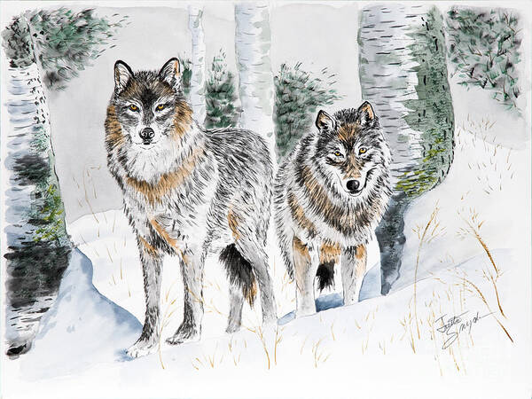 Wolves Art Print featuring the painting Wolves in the Birch Trees by Joette Snyder