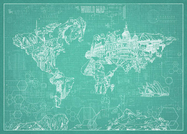 Map Of The World Art Print featuring the digital art World Map Blueprint 7 by Bekim M