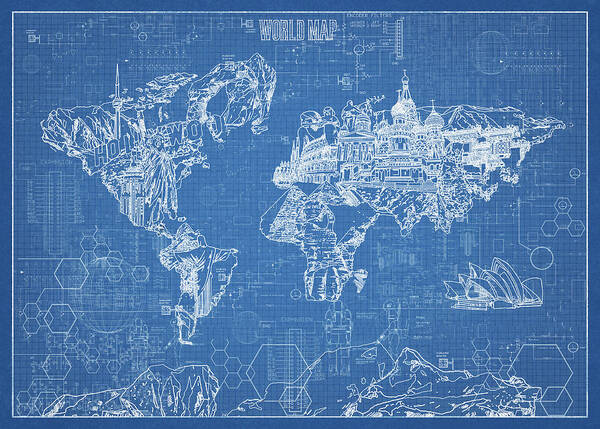 Map Of The World Art Print featuring the digital art World Map Blueprint by Bekim M