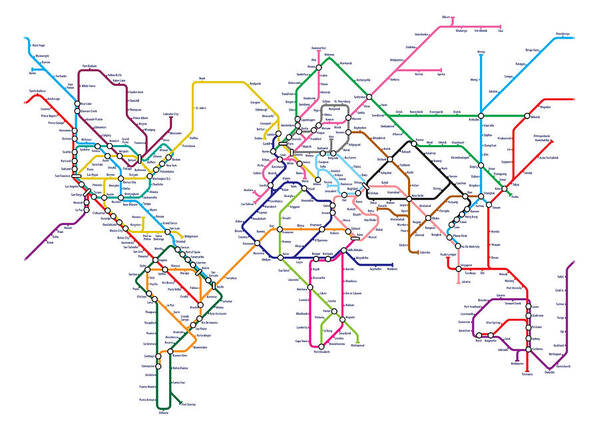 World Map Art Print featuring the digital art World Metro Subway Map by Michael Tompsett